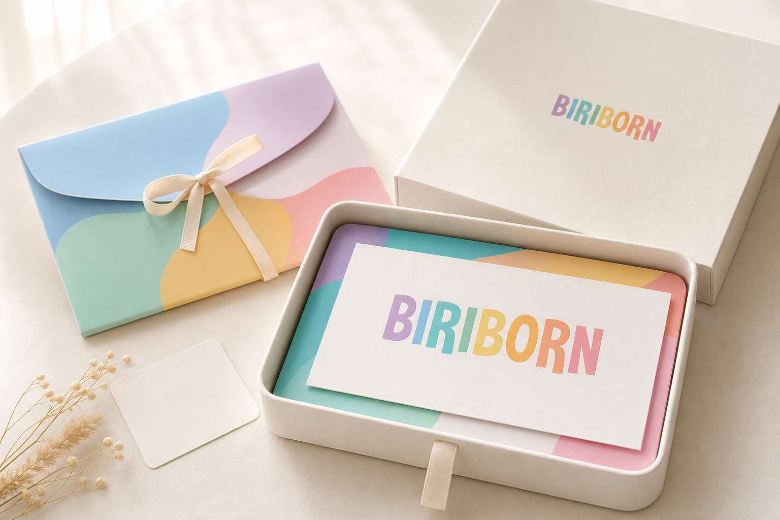 Concept del Gift Kit BiriBorn con cofanetto, busta e gift card